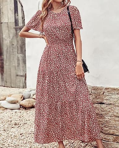 PRETTYGARDEN Women's Summer Casual Short Flutter Sleeve Round Neck Smocked Waist Tiered Boho Floral Flowy Maxi Dress(Floral Red Brown,X-Large) - Image 3