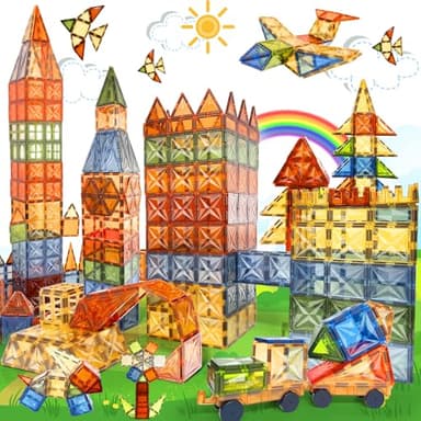 HarworLife 120 PCS Magnetic Tiles, Diamond Magnet Tiles with 2 Cars Magnetic Blocks STEM Toys 3D Kids Preschool Educational Sensory Toys Gift for Toddlers Kids Boys Ages 3 4 5 6 7 8 9+ Year Old - Image 1