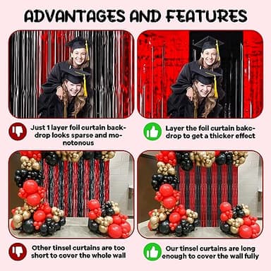 Voircoloria 2 Pack 3.3x8.2 Feet Red and Black Foil Fringe Backdrop Curtains, Tinsel Streamers Birthday Party Decorations, Fringe Backdrop for Graduation, Movie Night, Horror Party - Image 5