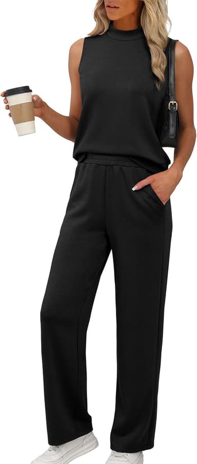 XIEERDUO Two Piece Sets for Women Summer Outfits Travel Mock Neck Lounge Sets Wide Leg Pants Beach Vacation Clothes - Image 2