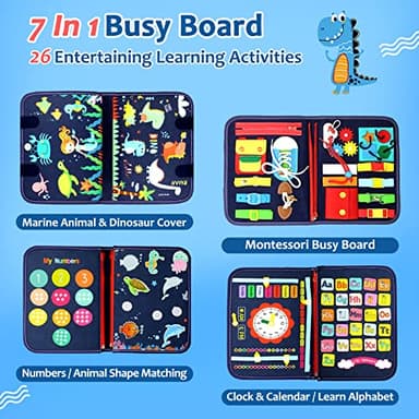 Qizfun Busy Board Montessori Toy for Toddlers, Educational Sensory Learning Toy for Fine Motor Skills, Preschool Travel Toy for Airplane & Car, Gifts for Boys and Girls (Blue/P4) - Image 3