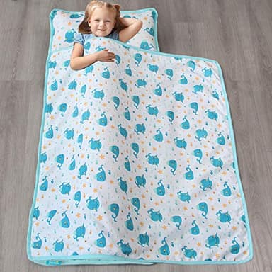 Toddler Nap Mat with Pillow and Blanket, Cot Nap Mats for Daycare Preschool, Lightweight Portable Travel Sleeping Bag for Kids, Warm & Skin-Friendly, Blue Whale, 50" x 21" - Image 2