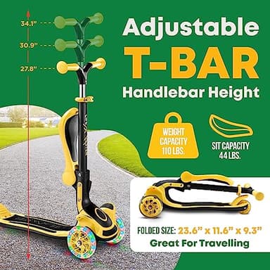 3 Wheel Scooter for Kids with Foldable Seat, Adjustable Handlebar Height, Lean-to-Steer Ride On Toy for Kids Ages 2+, Light-Up LED Wheels, Wide Anti Slip Deck, Indoor & Outdoor Use, Yellow - Image 2