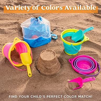JOYIN Foldable Beach Bucket Set - 3 Packs Collapsible Toy Buckets with Shovels and Mesh Backpack for Kids Toddlers Party, Camping Gear, Travelling, Fishing Water Pail (Pink/Purple/Green) - Image 3