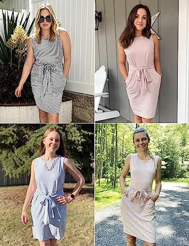 MEROKEETY Womens 2025 Summer Sleeveless Striped T Shirt Dress Casual Crew Neck Tie Waist Mini Dresses - Image 5