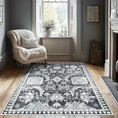 4x6 ft Washable Area Rug, Non-Slip Indoor/Outdoor, Black & White Boho Design for Kitchen, Patio, Office, Entryway, Kids Room, and Runner Rugs - Image 4