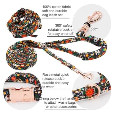 Hilkycton Dog Collar and Leash Set with Flower Bow Tie Girls Dog Collar Metal Buckle Adjustable for Small Medium Large Dogs Skull Skeleton-M - Image 4