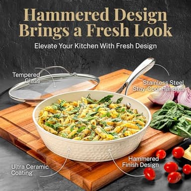 Gotham Steel Hammered 15Pcs Ceramic Cookware Set Nonstick, Induction Pots and Pans Set Non Stick with Bakeware Set & Steamer for Cooking, Non Toxic PFOA PFOS Free, Oven & Dishwasher Safe, Cream White - Image 3