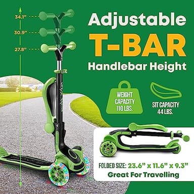 3 Wheel Scooter for Kids with Foldable Seat, Adjustable Handlebar Height, Lean-to-Steer Ride On Toy for Kids Ages 2+, Light-Up LED Wheels, Wide Anti Slip Deck, Indoor & Outdoor Use, Green - Image 2