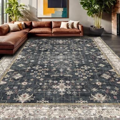 Boho Black Rug for Living Room - Washable 10x14 Area Rug, Dining Room Rugs for Under Table, Soft Low Pile Carpet for Large Bedroom - Farmhouse Decor, Non-Slip & Stain Resistance (10x14 Black/Multi) - Image 1