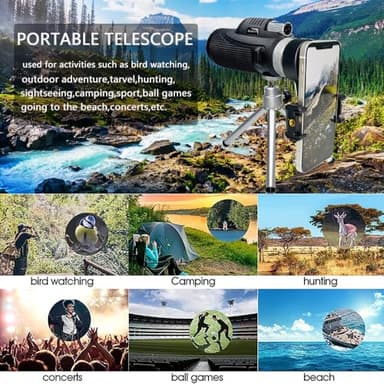 Monocular Telescope for Adults,40x60 HD Large Vision Monoculars with Smartphone Adapter Tripod,High Powered Monocular for Birdwatching Hunting Hiking Camping,BAK4 Prism FMC Lens,Waterproof (40x60) - Image 5
