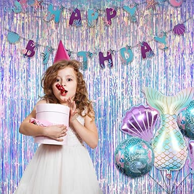 Iridescent Party Streamers Backdrop - GREATRIL Neon Transparent Holographic Tinsel Foil Fringe Curtain for Mermaid/Frozen/Sea/Euphoria/ERAS Party Theme Decorations 3.2ft x 6.5ft 2 PCS - Image 2