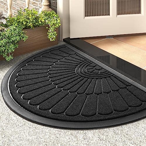tchdio Door Mat Outdoor Indoor Entrance Doormat-Semicircular Durable Rubber Non Slip Front Door Mat for Outside Inside Entry Entryway Dirt Trapper WelcomeMat for Muddy Paws and Shoes-Black 17”x30” - Image 1