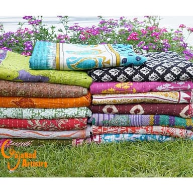 Gajanad Artistry One Piece Vintage Kantha Quilts Reversible Bohemian Home Decor Handmade Indian Blanket Twin Size 85X55 Inches Assorted Multicolor - Image 3