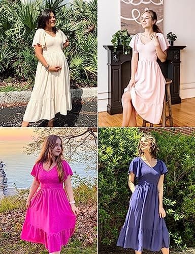 MEROKEETY Women's Summer Casual V Neck Ruffle Sleeve Smocked High Waist Midi Dress with Pockets, Purple, L - Image 6