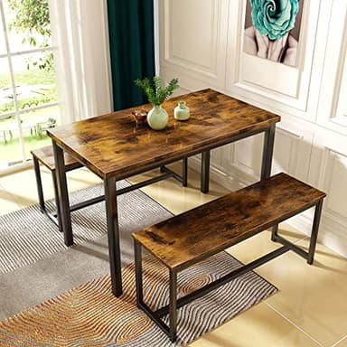 AWQM Dining Room Table Set, Kitchen Table Set with 2 Benches, Ideal for Home, Kitchen and Dining Room, Breakfast Table of 43.3x23.6x28.5 inches, Benches of 38.5x11.8x17.5 inches, Rustic Brown - Image 1