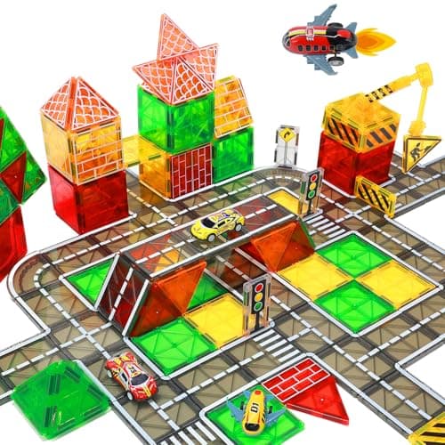 LionFuny Magnetic Tiles, Magnetic Blocks Road Tiles Set, Magnets Construction Toys for Kids Ages 3-5 4-8 8-12, Toddlers STEM Preschool Toy Boys Girls Toys with Crane Airplane Car - Image 1