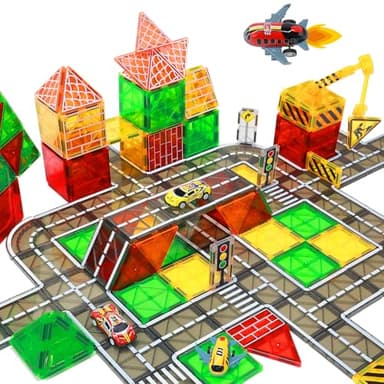 LionFuny Magnetic Tiles, Magnetic Blocks Road Tiles Set, Magnets Construction Toys for Kids Ages 3-5 4-8 8-12, Toddlers STEM Preschool Toy Boys Girls Toys with Crane Airplane Car - Image 1