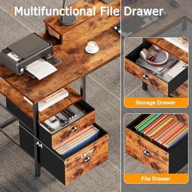 Furologee 66” L Shaped Desk with Power Outlet, Reversible Computer Gaming Desk with File Drawer & 2 Monitor Stands for Home Office with Storage Shelves, Rustic Brown - Image 7