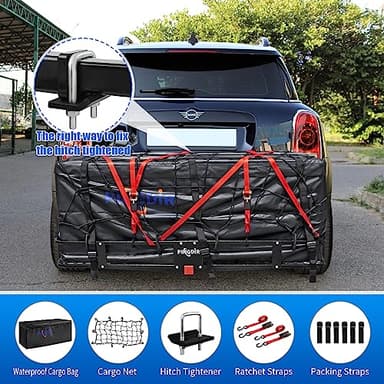 PINGDIR Folding Hitch Mount Cargo Carrier Hitch Rack Basket 60"*21.5"*6" Hauling Weight Capacity of 500 Lbs, Waterproof Cargo Bag 58" 19" 24", with Hitch Stabilizer,Cargo Net and Ratchet Straps - Image 7