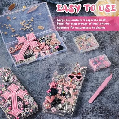 XHYMIA Junk Case Charms Kit, Junk Phone Case with Big Charms, Nail Bow Pearl Flatback Resin Charm for DIY Crafts Silver Pink - Image 4