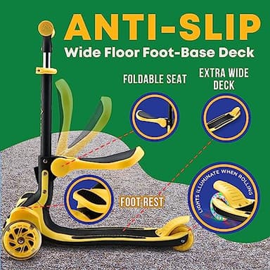 3 Wheel Scooter for Kids with Foldable Seat, Adjustable Handlebar Height, Lean-to-Steer Ride On Toy for Kids Ages 2+, Light-Up LED Wheels, Wide Anti Slip Deck, Indoor & Outdoor Use, Yellow - Image 4