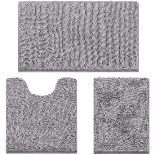 HOMEIDEAS 3 Pieces Bathroom Rugs, Ultra Soft Non Slip Absorbent Chenille Toilet Bath Mat Set (Grey,17"x24"+20"x32"+U Shape 20"x24") - Image 1