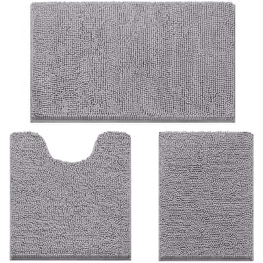 HOMEIDEAS 3 Pieces Bathroom Rugs, Ultra Soft Non Slip Absorbent Chenille Toilet Bath Mat Set (Grey,17"x24"+20"x32"+U Shape 20"x24") - Image 1