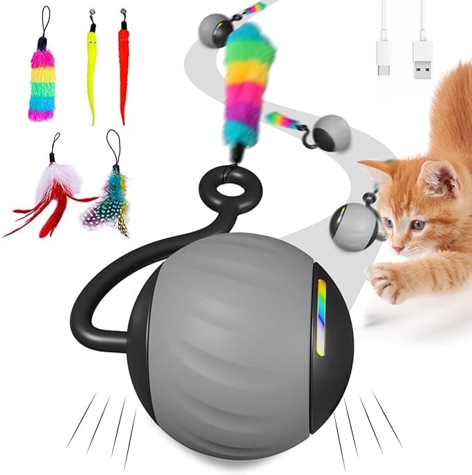 Interactive Cat Toys for Indoor Cats, DIY 5 in 1 Automatic Moving Cat Ball Toys/Puppies Toys with LED Rainbow Lights, Smart Sounds&Touch Control Cat Toys,USB Rechargeable (Grey - Image 1