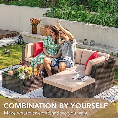 Devoko 5 Pieces Patio Furniture Sets All Weather Outdoor Sectional Patio Sofa Manual Weaving Wicker Rattan Patio Seating Sofas with Cushion and Glass Table(Beige) - Image 2