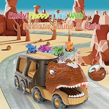 Veslier Dinosaur Car Toy for 2 3 4 5 Years Old Boys, Friction Power Carrier Truck with 4 Pack Small Pull Back Dino Car, Christmas Birthday Gift for 18+ Months Boy Girl Kids Toddlers - Image 3