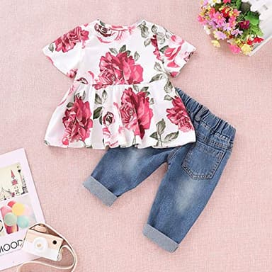 CARETOO Girls Clothes Outfits, Cute Baby Girl Floral Short Sleeve Pant Set Flower Ruffle Top - Image 3