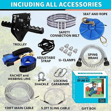 HOKINETY Zip Line Kit for Kids Adults : Up to 380Lbs 150FT Quick Tighten Zipline for Backyard Outdoor with 100% Rust Proof Removable Trolley Seat Spring Brake - Image 7