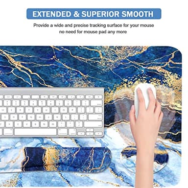4-in-1 Large Gaming Mouse Pad, Keyboard Wrist Rest Pad & Wrist Support Mousepad Set, Extended Desk Pad Waterproof Desk Mat for Home Office Study Game - Blue Gold Marble - Image 4