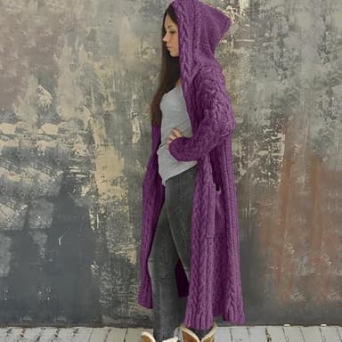 NIUBIA Womens Casual Long Sleeve Open Cardigan Warm Hooded Outwear Coat Cable Knit Long Cardigan Sweaters with Pockets Purple - Image 2