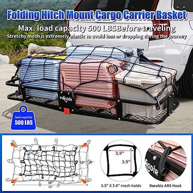 PINGDIR Folding Hitch Mount Cargo Carrier Hitch Rack Basket 60"*21.5"*6" Hauling Weight Capacity of 500 Lbs, Waterproof Cargo Bag 58" 19" 24", with Hitch Stabilizer,Cargo Net and Ratchet Straps - Image 5