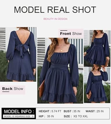 Dokotoo Women's Square Neck Off The Shoulder Dresses Tie Back Long Lantern Sleeve Ruffle A-Line Mini Dress Shirred Elastic Waist Casual Dresses Small Dark Blue - Image 2