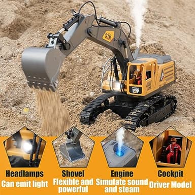 KASQERT Remote Control Excavator Toys for Boys,14 Channel 1:14 RC Digger Construction Toys Tractor,Simulated Smoke, Sound, Lighting, Metal Digging Head, for Boys 6 7 8 9 10 11 12 - Image 4