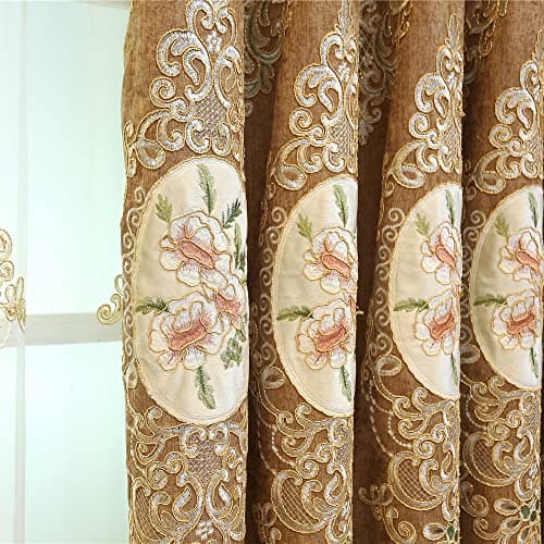 SLOW SOUL Set of 2 Panels Embroidered Flowers 80% Blackout Curtains for Living Room Bedroom Dining Room Curtains High-end Chenille Curtain Grommet Top Brown Cloth 49W X 90L inch - Image 1