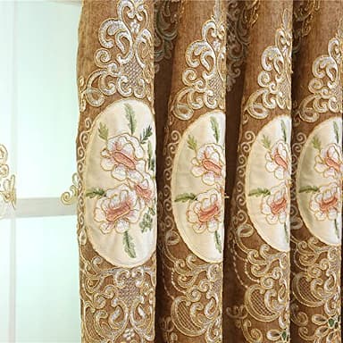 SLOW SOUL Set of 2 Panels Embroidered Flowers 80% Blackout Curtains for Living Room Bedroom Dining Room Curtains High-end Chenille Curtain Grommet Top Brown Cloth 49W X 90L inch - Image 1