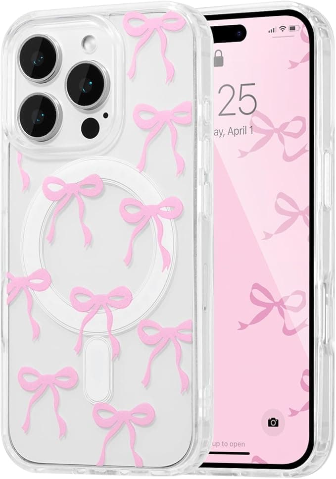 UEEBAI Magnetic for iPhone 13 Pro Max Case, Bow Case Compatible with MagSafe, Wireless Slim Clear Ribbon Aesthetic Phone Cover Anti-Yellowing Shockproof Protective Cover for Women Girl - Pink - Image 1