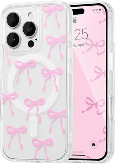 UEEBAI Magnetic for iPhone 13 Pro Max Case, Bow Case Compatible with MagSafe, Wireless Slim Clear Ribbon Aesthetic Phone Cover Anti-Yellowing Shockproof Protective Cover for Women Girl - Pink - Image 1