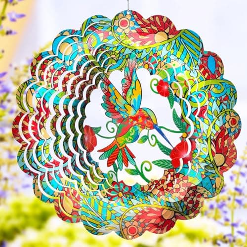 FONMY Wind Spinner Hummingbird 12 inch 3D Stainless Steel Wind Sculpture Worth Gift Christmas Decor. Laser Cut Metal Art Geometric Pattern - Hanging Mandala Wind Spinners, Kinetic Yard Art Decorations - Image 1