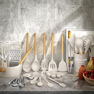 Umite Chef Silicone Kitchen Utensil Set, 34PCS Heat Resistant Kitchen Gadgets and Tools With Grater, Wood Handles for Nonstick Cookware - Image 3