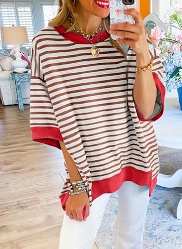 SHEWIN Summer Tops for Women Trendy Short Sleeve Shirts Crewneck Sweatshirt Loose Ladies Top and Blouses Dressy Casual Womens Fall Top Brown Stripe XXL - Image 3