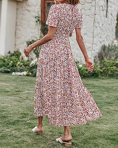 PRETTYGARDEN Women's Summer Casual Short Flutter Sleeve Round Neck Smocked Waist Tiered Boho Floral Flowy Maxi Dress(Floral and Leave Brown White,XX-Large) - Image 4