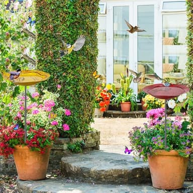 KHayRovies 2Pcs Metal Bird Baths for Outside, Hummingbird Small Birdbath Bowl for Outdoors with Metal Stake, Bird Feeder for Garden Yard Lawn Decor (Red & Yellow) - Image 4