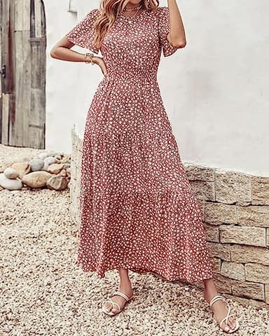 PRETTYGARDEN Women's Summer Casual Short Flutter Sleeve Round Neck Smocked Waist Tiered Boho Floral Flowy Maxi Dress(Floral Red Brown,X-Large) - Image 4