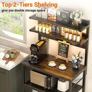 Aheaplus Bakers Rack with Power Outlet, Microwave Stand, 5 Tiers Coffee Bar Station with Led Lights, Kitchen Storage Shelf with 6 S-Shaped Hooks, Kitchen Rack for Spices, Pots and Pans, Black Oak - Image 5