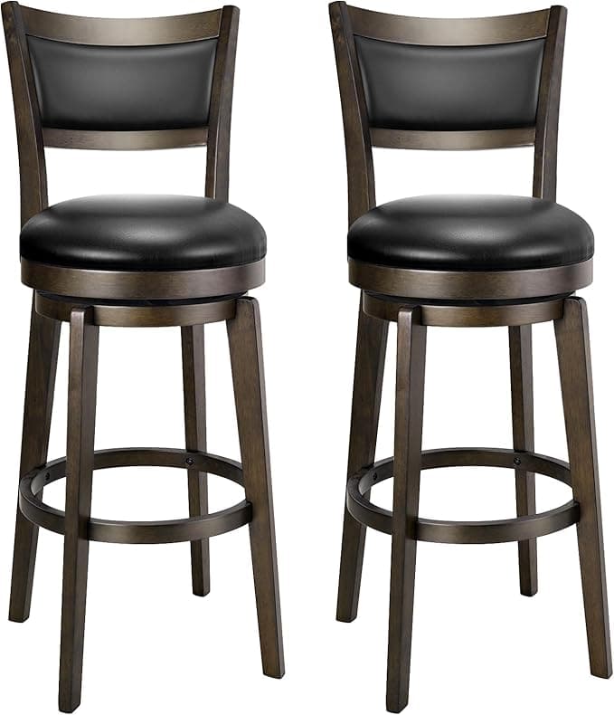 PrimeZone Swivel Bar Stools Set of 2, 30 Inch Bar Height Barstools, Black Faux Leather Bar Stool with High Backrest & Solid Wood Legs & Wrap-Around Footrest, Counter Stools for Kitchen Island, Pub - Image 1